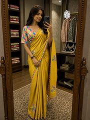 Beautiful Chinon Silk Embroidery & Handwork Saree With Stitched Blouse