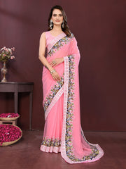 Beautiful Pink Party-wear Soft Georgette Embroidery Work Saree
