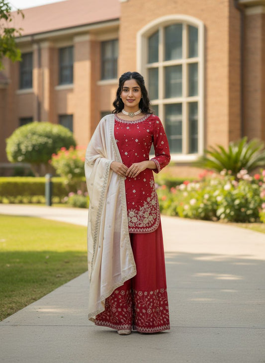 Elegant Ethnic Gym Silk Thread & Sequence Work With Pearl Work Suit