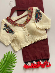 Beautiful Pure Khadi Cotton With Apllic Work Peacock Designer Blouse Saree