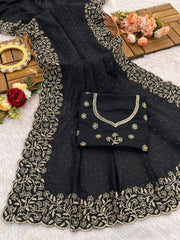 Party-wear Heavy Blooming Vichitra Silk Embroidery Work Saree