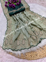 Party-wear Soft Satin Chiffon Coding & Sequence Work Saree