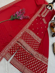 Elegant Red Festive Kurta Sharara Set with Designer Dupatta