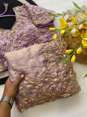 Beautiful Space Silk With Beautiful Original Golden Beads Work Saree With Stitched Blouse