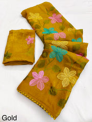 Party-wear Viscose Crunchy Silk Floral Design Embroidery Thread Work Saree