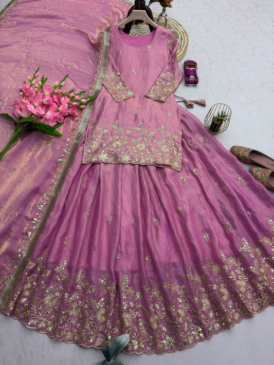 Party-wear Designer Dual Shaded Fendy Silk Embroidery Sequence Work Set
