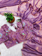 Beautiful Fendy Satin Zari Cut Work Saree With Moti Work Stitched Blouse