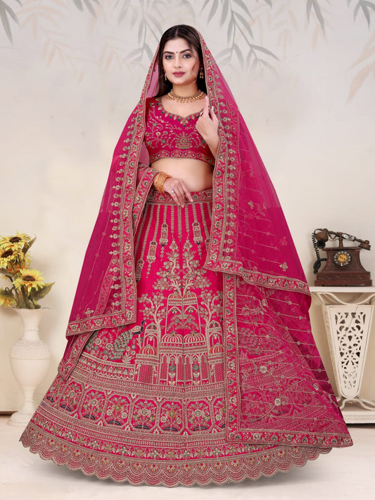 Trending Premium Silk With Zarkan Diamond & Embroidery Work Pink Bridal Lehenga