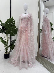 Beautiful Baby Pink Soft Net Thread Sequence work Saree With Dupatta