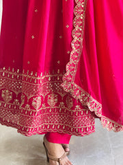 Beautiful Pink Blooming Vichitra Silk Embroidery Sequence Designer Work Gown
