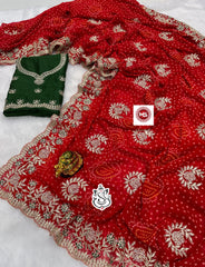 Beautiful Georgette Bhandhini Printed Zarkan Diamonds Work Saree