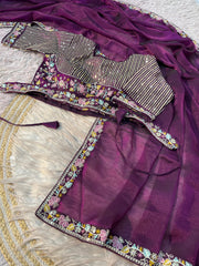 Party-wear Shining Moss Silk Embroidery With Sequence Work Saree With Stitched Blouse