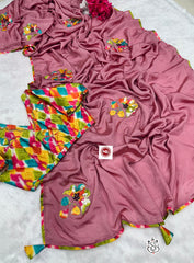 Beautiful Chinon Silk Embroidery & Handwork Saree With Stitched Blouse
