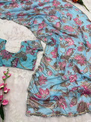 Beautiful Georgetta Digital Printed Handwork Sequence Work Saree