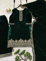 Winter Special Velvet Sequence Embroidery Work Suit