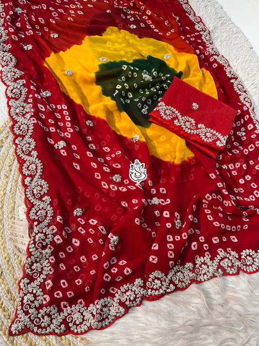Beautiful Soft Georgette Bandhej Multi Color Printed Saree
