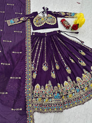 Festive Special Vichitra Silk Embroidery Coding Sequence Work Lehenga With Stitched Blouse