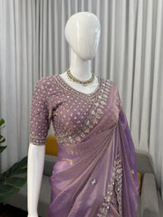 Trending Designer Cherry Red Fendy Silk Beads Thread & Sequence Work Saree