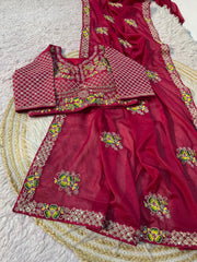 Party-wear Star Georgette Embroidery Multi Work Saree With Stitched Blouse