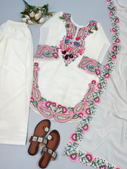 Stylish Beautiful White Georgette Embroidery Thread Work Suit