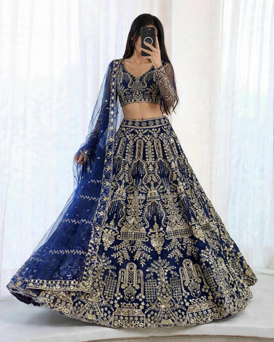 Party-wear Blue Butterfly Net Embroidery Sequence Work Lehenga Choli