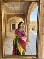Beautiful Multi Shaded Lehriya With Silver Zari Sequence Shiny Leaf Work Saree