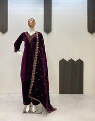 Winter Special Velvet Sequence Embroidery Work Suit