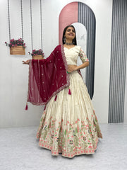 Wedding Wear Tissue Silk Heavy Thread &Sequence Work Lehenga With Stitched Blouse