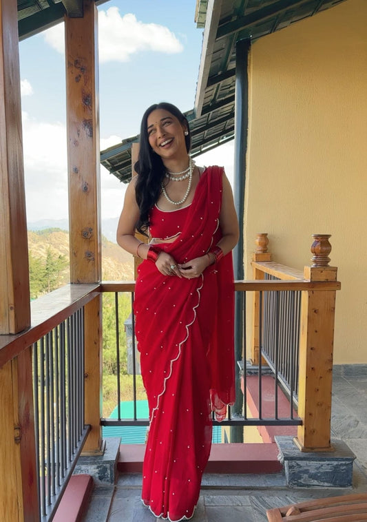 Beautiful Georgette Ready To Wear Hand Pearl Work Saree