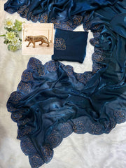 Party-wear Designer Fendy Satin Silk khatli Cut Dana Handwork Saree