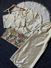 Beautiful Shimmer Chinon Silk Embroidery Beads Kardana Work 3 Piece Suit Set