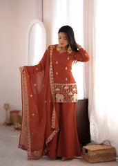 Trendy Rust Crunchy Silk Embroidery Sequence Work Sharara