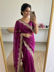 Designer Fendy Satin Gold Embroidery Work Saree