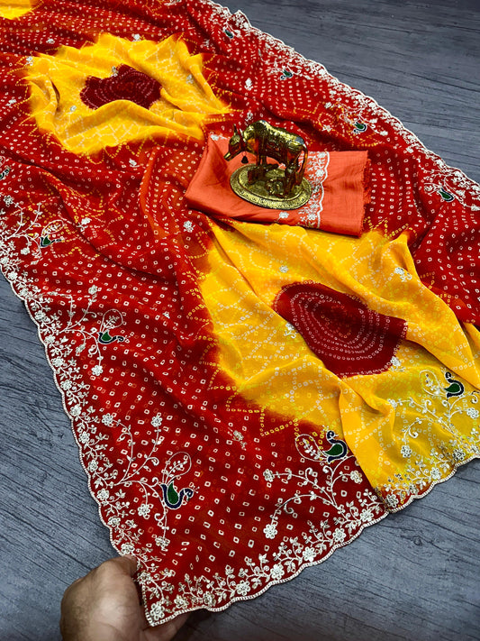 Beautiful Pure Georgette With Jodhpur Bandhani Printed Saree