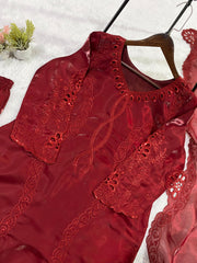 Party-wear Glass Roman Silk Sequence Embroidery With Cutwork Designer Suit