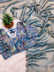 Beautiful Fendy Satin Zari Cut Work Saree With Moti Work Stitched Blouse