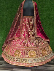 Maroon Heavy Silk Velvet Patch Work Cutting Pasting Zarkan Diamond Work Double Cancan Dulhan Bridal Lahenga