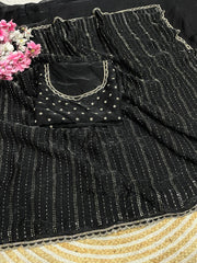 Party-wear Space Silk Beads With Siroski Zarkan Diamond Work Saree