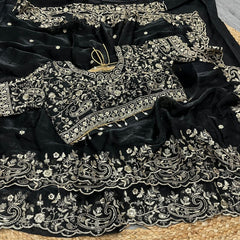 Party-wear Fendy Satin Silk Embroidery & Sequence Work Saree With Stitched Blouse