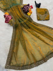 Beautiful Party-wear Satin Space Silk Zarkhan Diamond Work Saree