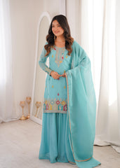 Sky Blue Heavy Embroidered Crunchy Silk Sharara Suit Set