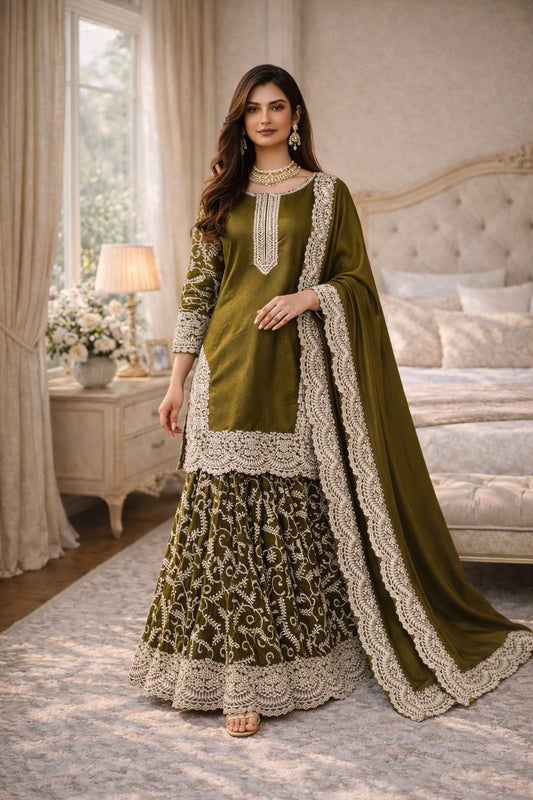 Party-wear Fendy Silk Embroidery Thread Sequence Work Sharara