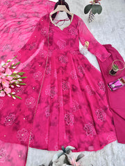 Pink Designer Georgette Real Mirror & Hand Work Digital Printed Gown