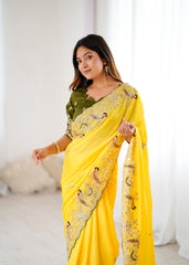 Beautiful Chinon Silk With Heavy Embroidery Thread Codding & Sequins Work Saree