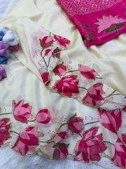 Beautiful Soft Tabby Silk Floral Prints With Beads & Katdana Handwork Saree