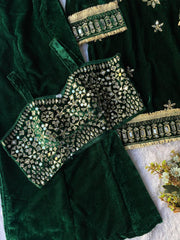 Winter Season velvet Real Mirror Embroidery Work Suit