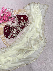 Trending Fendy Satin Silk Sequence Coding Embroidery Work Saree With Stitched Blouse