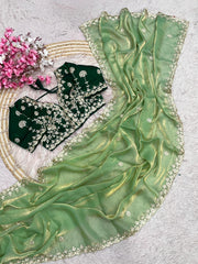 Trending Fendy Satin Silk Sequence Coding Embroidery Work Saree With Stitched Blouse
