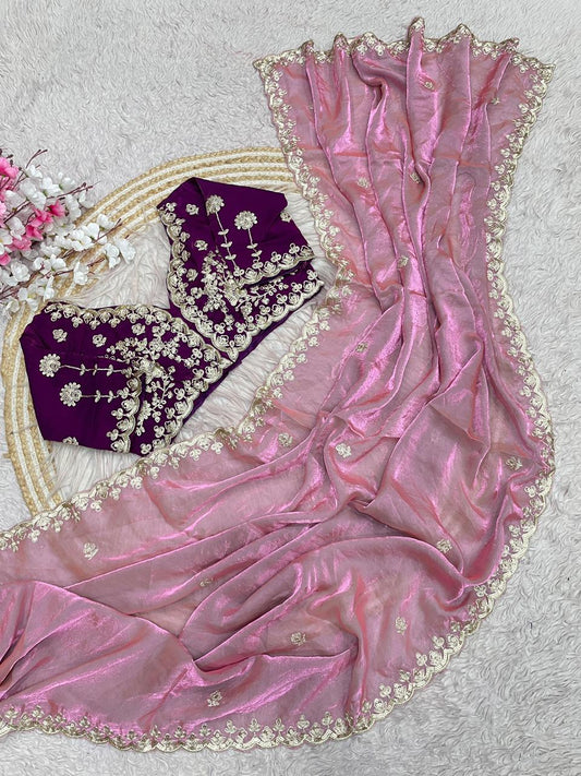 Trending Fendy Satin Silk Sequence Coding Embroidery Work Saree With Stitched Blouse