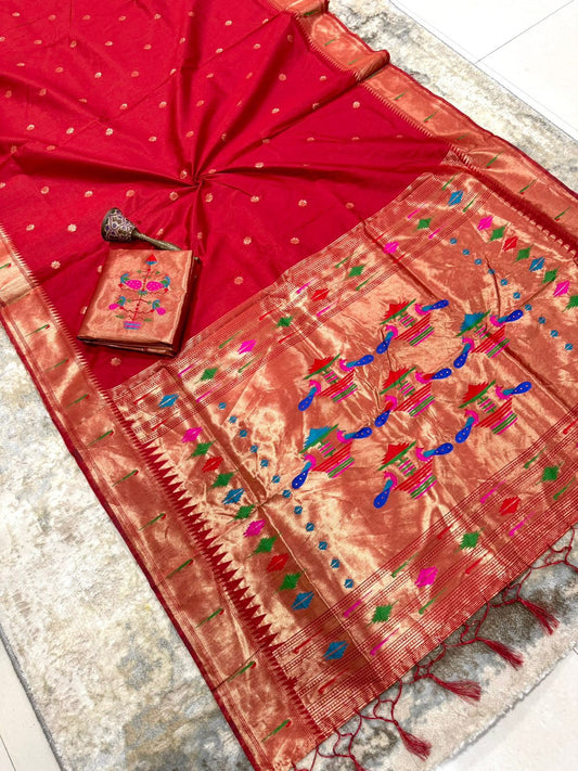 Beautiful Khadi Row Silk Muniya Border Paithani Rich Zari Weaving Pallu Saree
